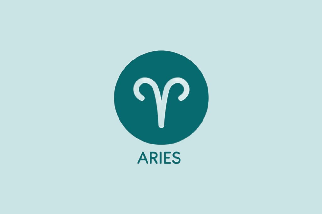 Ilustração do signo de Áries, contendo o símbolo de chifres curvados em um círculo sobre fundo verde-claro