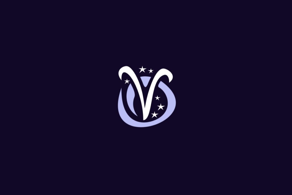 Ilustração do signo de Áries, com um par de linhas curvas ascendentes representando chifres de carneiro sobre um círculo estilizado e estrelas ao redor, em fundo roxo-escuro