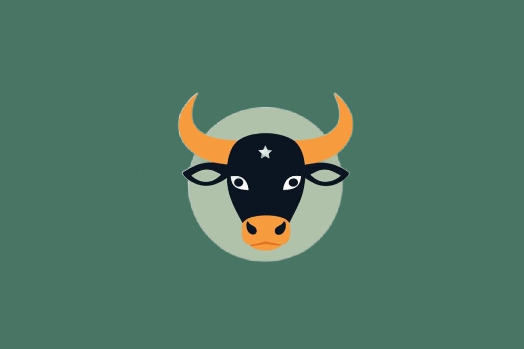 Ilustração do signo de Touro, em fundo verde, contendo a cabeça de um touro com chifres laranja e uma estrela na testa