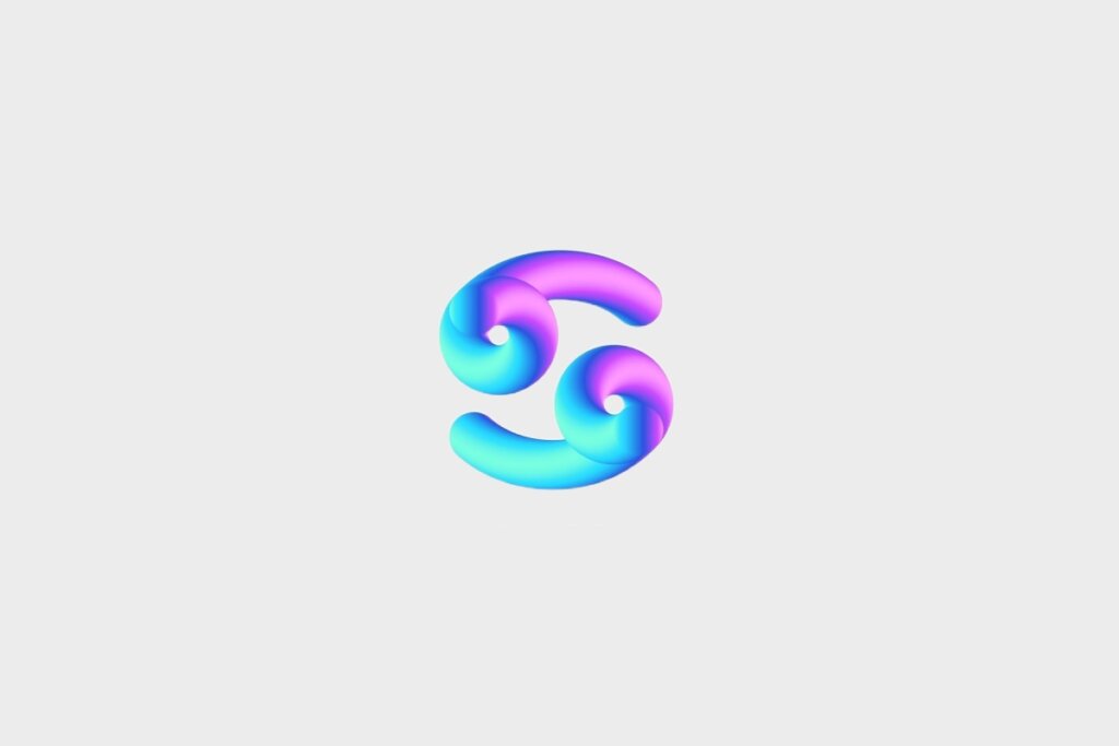 Ilustração do signo de Câncer, em fundo cinza, contendo o símbolo em formato 3D com gradiente azul, roxo e rosa, representado por um 6 e 9 deitados