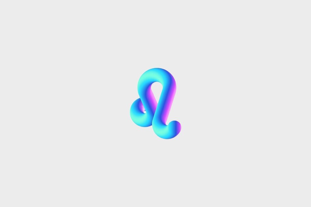 Ilustração do signo de Leão, em fundo cinza, contendo o símbolo em formato 3D com gradiente azul, roxo e rosa, representado por uma linha curva com espiral na base e círculo na ponta