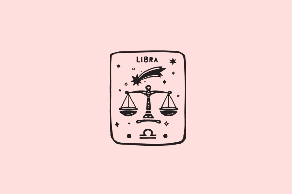 Ilustração do signo de Libra, contendo uma balança equilibrada com estrela cadente e estrelas ao redor, em fundo rosa-claro
