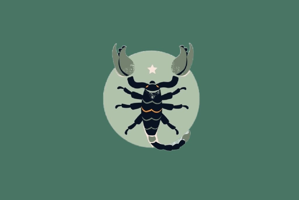 Ilustração do signo de Escorpião, em fundo verde, contendo um escorpião detalhado com pinças acinzentadas, corpo escuro e uma faixa laranja no abdômen