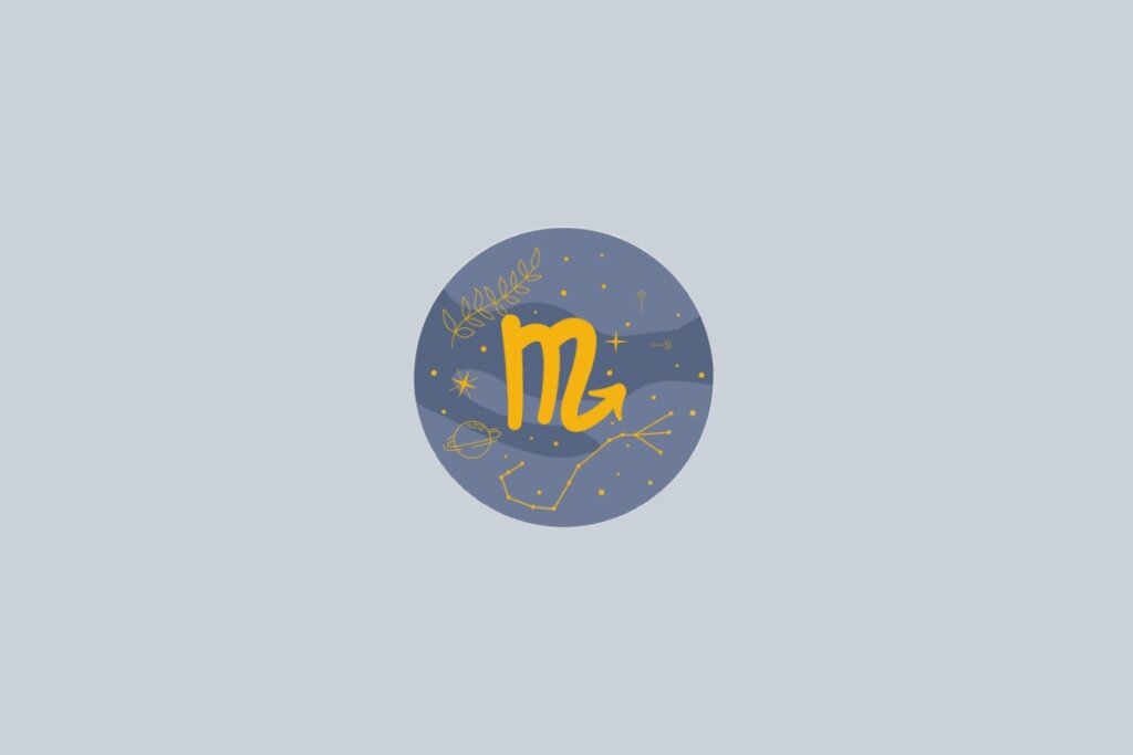 Ilustração do signo de Escorpião, contendo o símbolo dourado em forma de letra M com ferrão voltado para a direita, em fundo cinza-claro