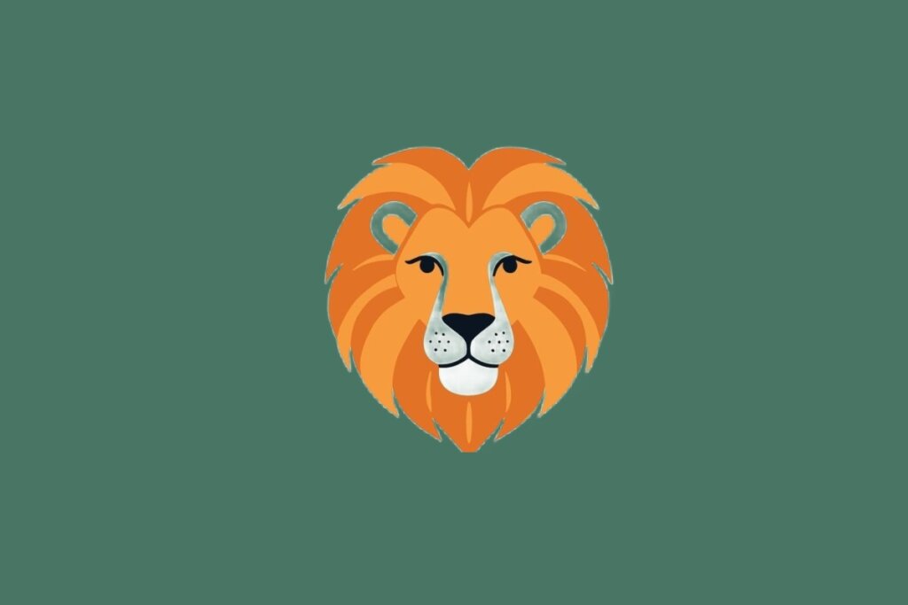 Ilustração do signo de Leão, em fundo verde, contendo a cabeça de um leão com juba alaranjada