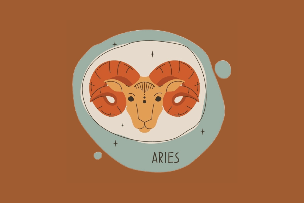 Ilustração frontal da cabeça de um carneiro com grandes chifres curvados em tons de laranja e marrom. O rosto é bege com detalhes pontilhados e está centralizado em uma moldura verde-água sobre fundo marrom