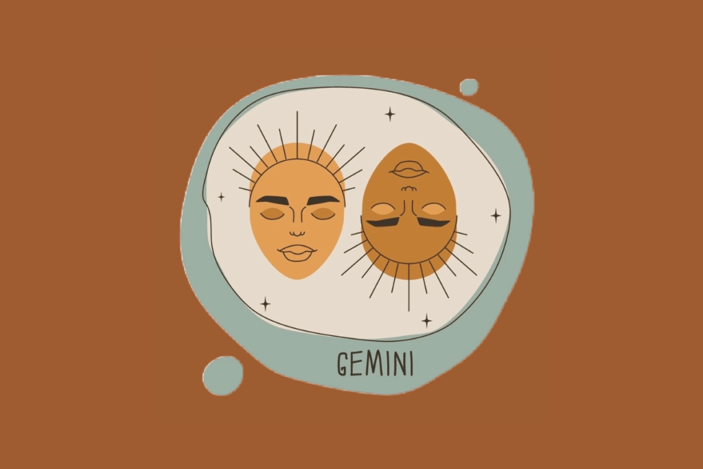 Ilustração do signo de Gêmeos, representado por duas faces estilizadas lado a lado, representando dualidade e comunicação, com o fundo marrom