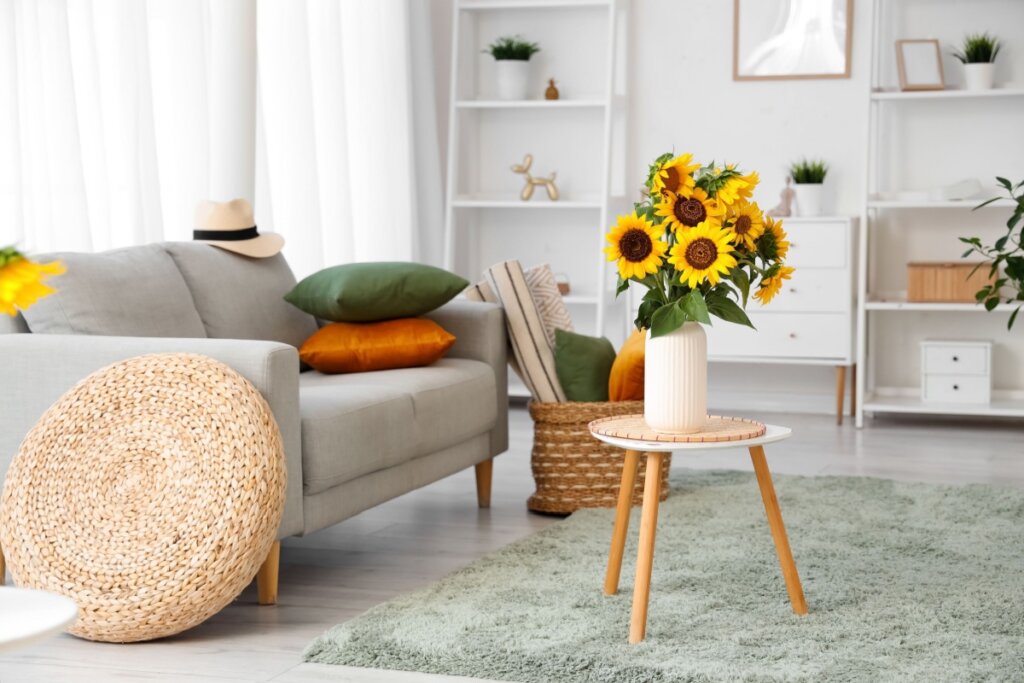 Uma sala de estar luminosa e arejada com decoração em estilo escandinavo. Em primeiro plano, uma pequena mesa lateral de madeira sustenta um vaso branco canelado com um vibrante buquê de girassóis. Ao fundo, um sofá cinza com almofadas verdes e laranjas, um pufe de palha trançada no chão e uma estante branca minimalista com objetos decorativos. O ambiente é amplo, com um tapete felpudo verde claro e cortinas brancas translúcidas que filtram a luz natural.