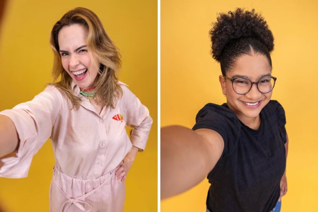 Foto colagem com Ana Paula Renault à esquerda e Milena à direita. ambas em um fundo amarelo