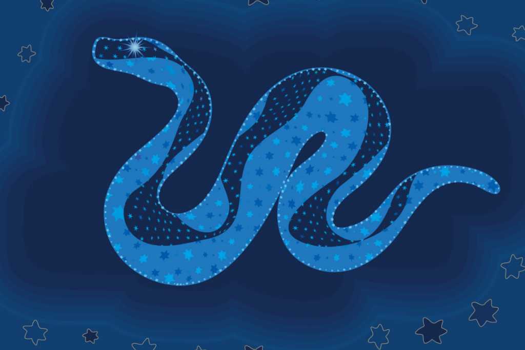 Ilustração de uma serpente azul com estrelas sobre fundo azul-escuro