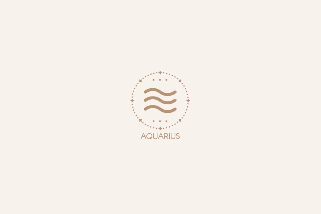 Símbolo do signo de Aquário em tom bege, dentro de um círculo decorativo, com o nome “Aquarius” escrito abaixo sobre fundo claro
