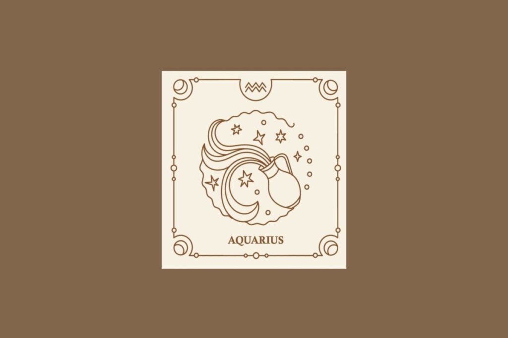 Ilustração do signo de aquário em um quadrado bege, com detalhes marrons ao redor, sobre um fundo marrom