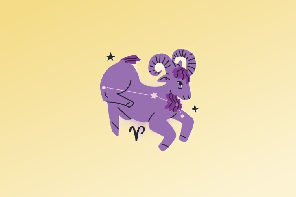 Ilustração do signo de Áries contendo um carneiro com chifres curvados e marcações de constelação em fundo amarelo