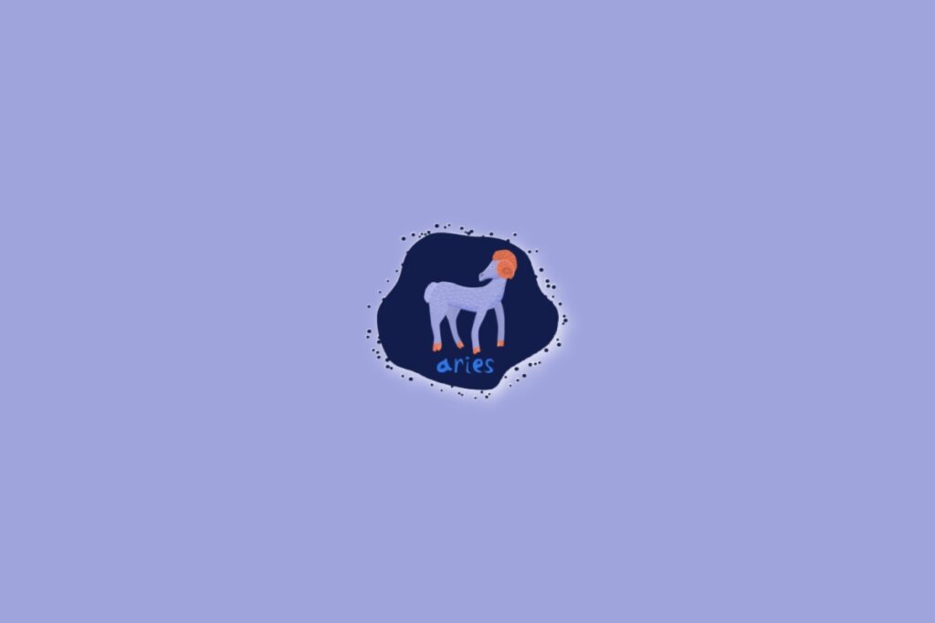 Imagem com um fundo lilás e, no centro, um desenho representando o signo de áries, com a palavra “aries” abaixo