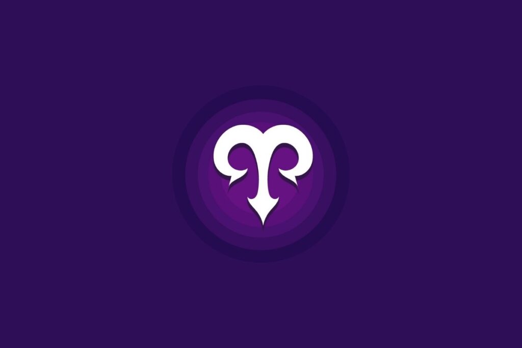 Um símbolo do signo de Áries em branco aparece no centro de um fundo roxo, com um efeito circular em tons mais claros ao redor