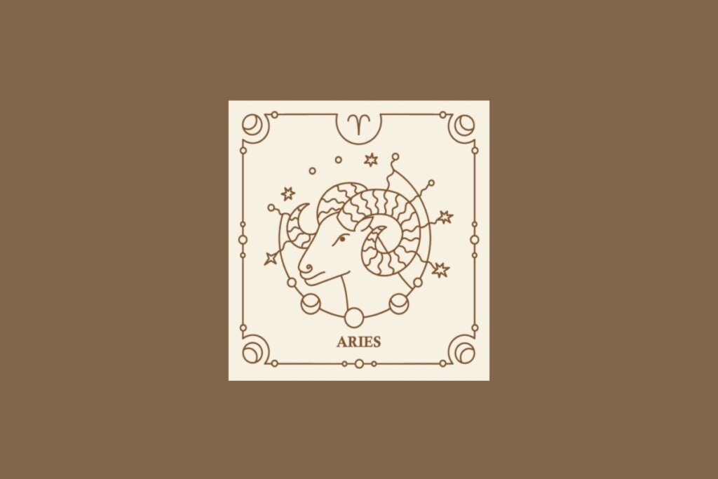 Ilustração do signo de áries em um quadrado bege, com detalhes marrons ao redor, sobre um fundo marrom
