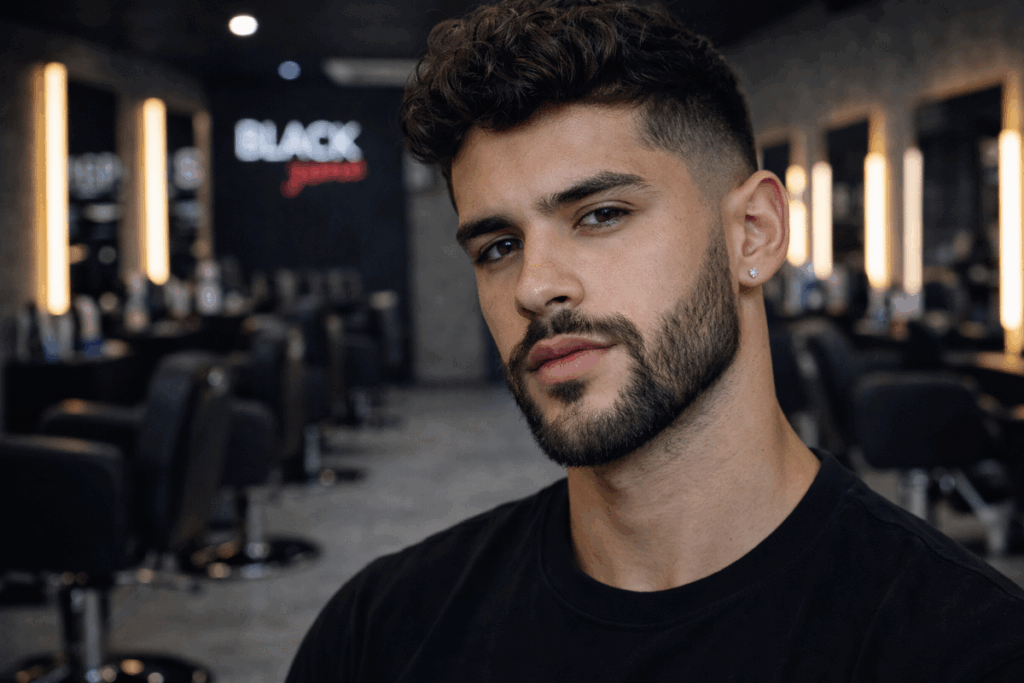Homem com cabelo curto preto, e barba feita em degradê usando camiseta preta com barbearia ao fundo