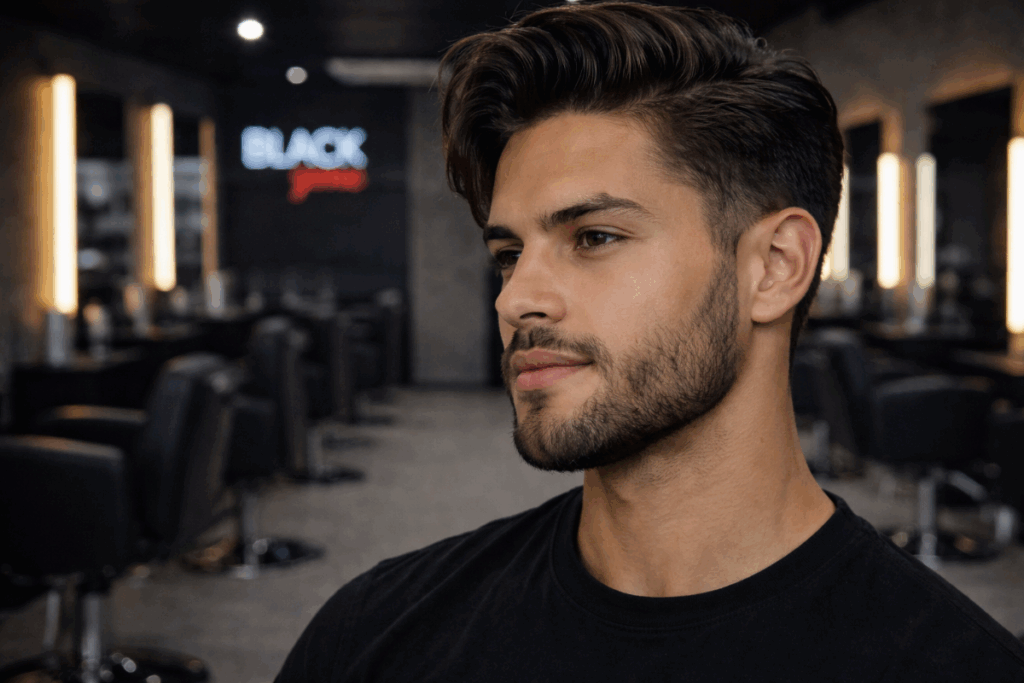 Homem com cabelo curto, barba curta e com pouco volume usando camiseta preta com barbearia ao fundo