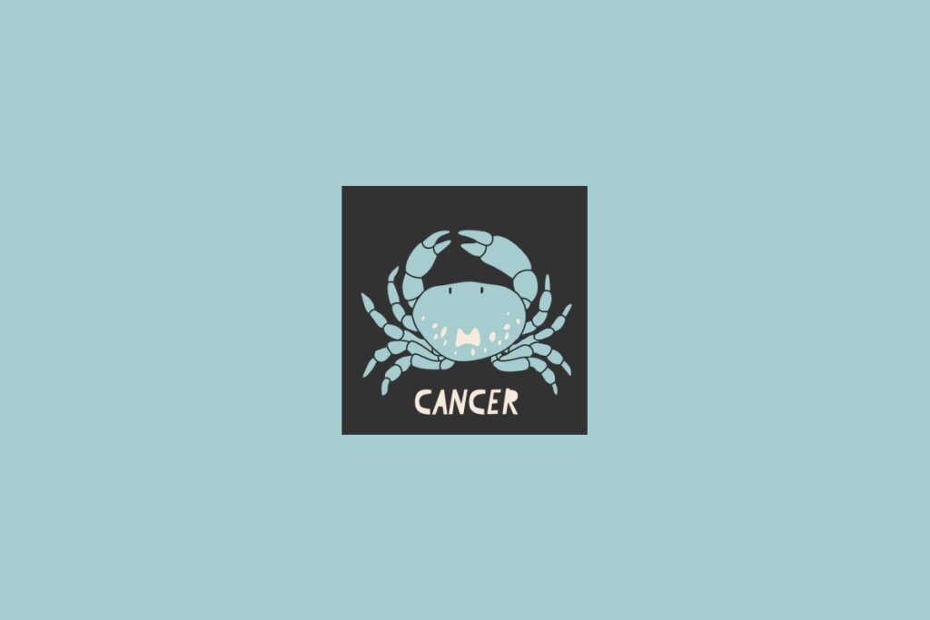 Ilustração do signo de Câncer, com a figura de um caranguejo em fundo escuro e o nome “Cancer” escrito abaixo, sobre fundo azul-claro