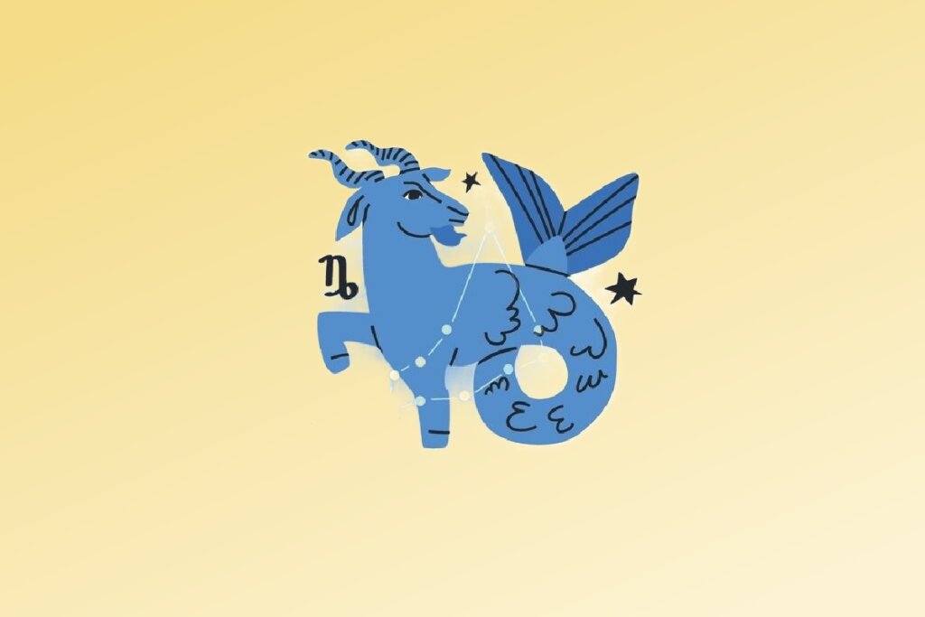 Ilustração do signo de Capricórnio contendo uma figura híbrida de cabra com cauda de peixe em fundo amarelo