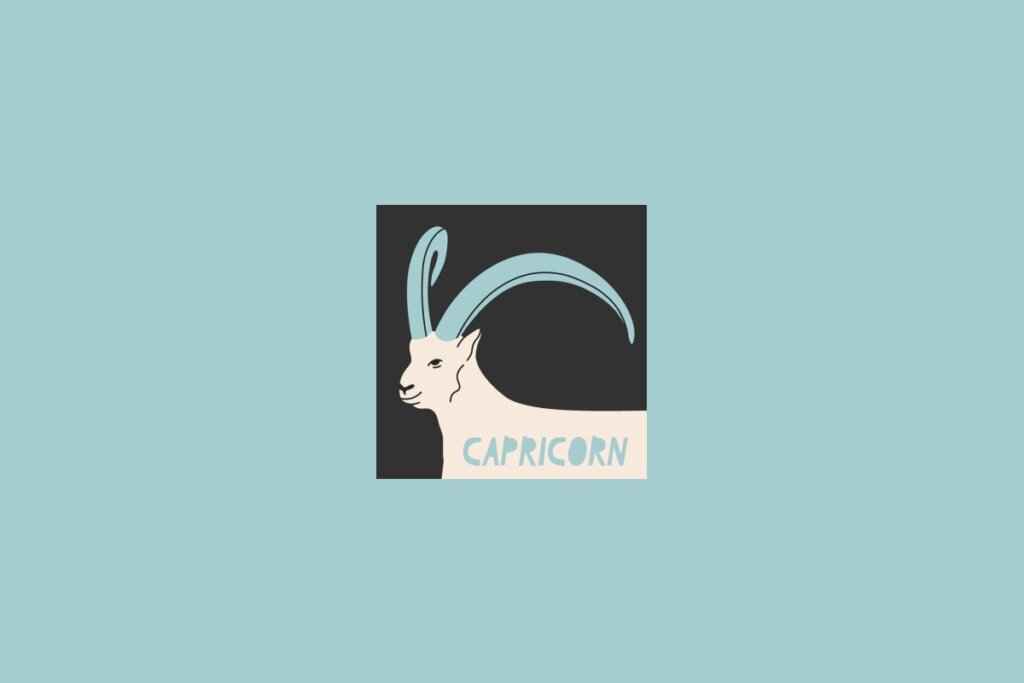 Ilustração do signo de Capricórnio, com a figura de uma cabra em fundo escuro e o nome “Capricorn” escrito abaixo, sobre fundo azul-claro