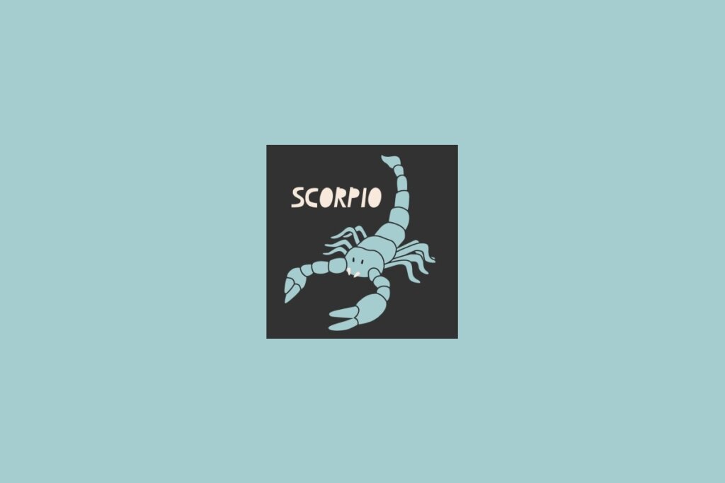 Ilustração do signo de Escorpião, com a figura de um escorpião em fundo escuro e o nome “Scorpio” escrito abaixo, sobre fundo azul-claro