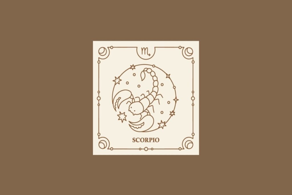 Ilustração do signo de escorpião em um quadrado bege, com detalhes marrons ao redor, sobre um fundo marrom