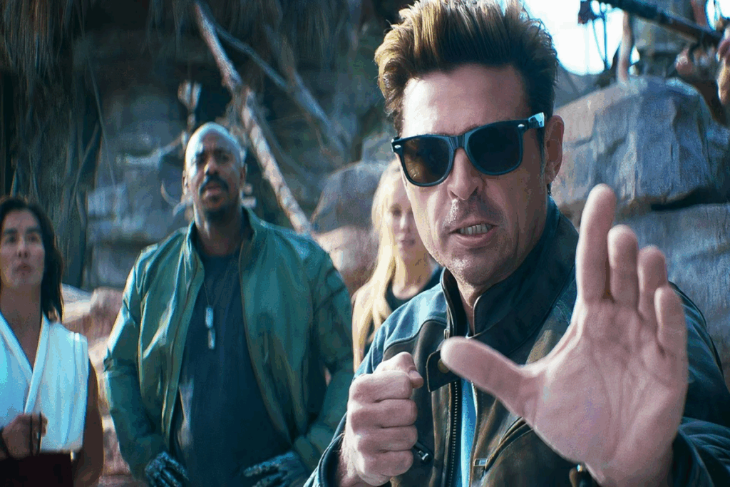 Imagem de um homem com cabelo curto e topete, usando óculos de sol preto e com uma mão em punho e a outra aberta a sua frente com um homem caraca usando camiseta preta e casaco verde e um homem de roupa branca e cabelo longo atrás dele