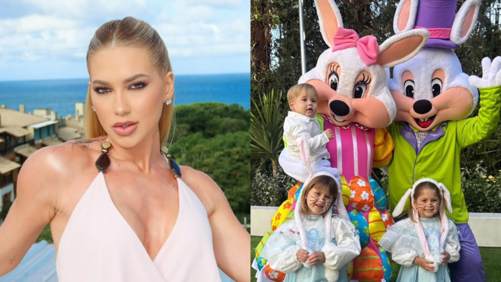 Filhos da Virginia posam para foto com coelhos gigantes