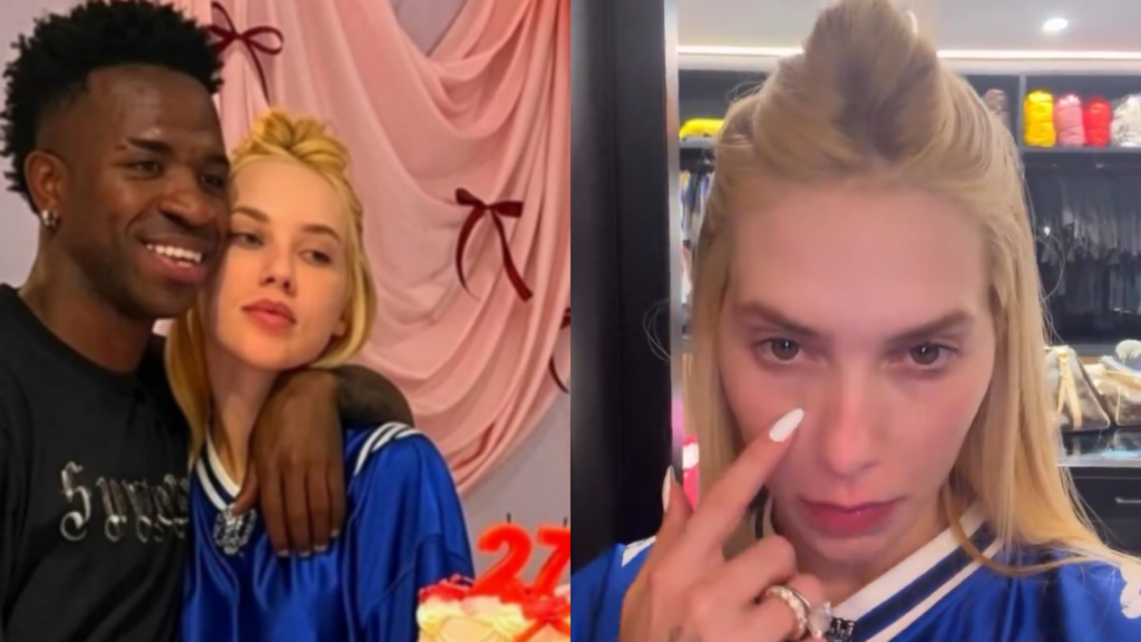 Virginia com expressão séria ao lado de Vini Jr