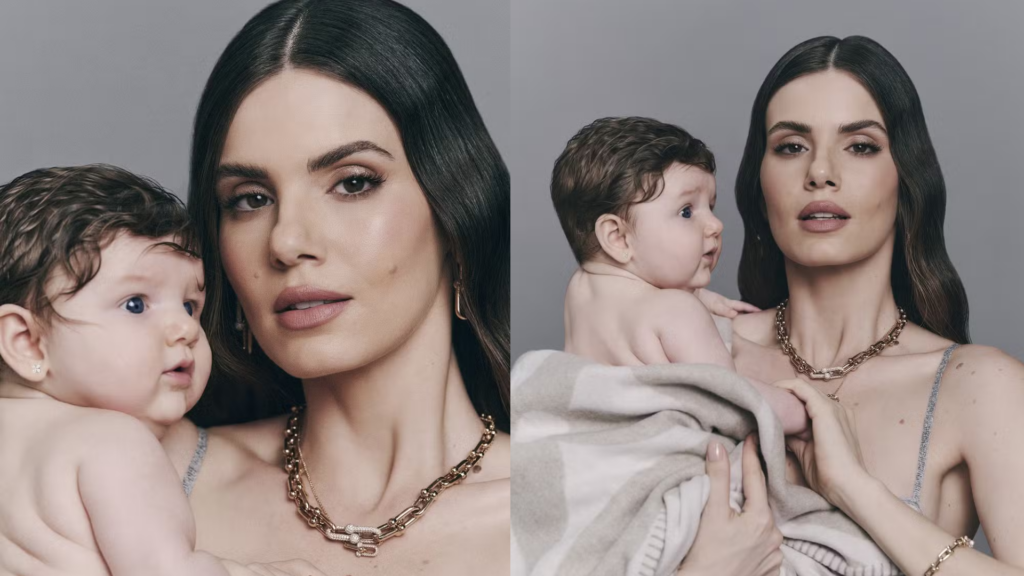 Camila Queiroz com a filha nos braços