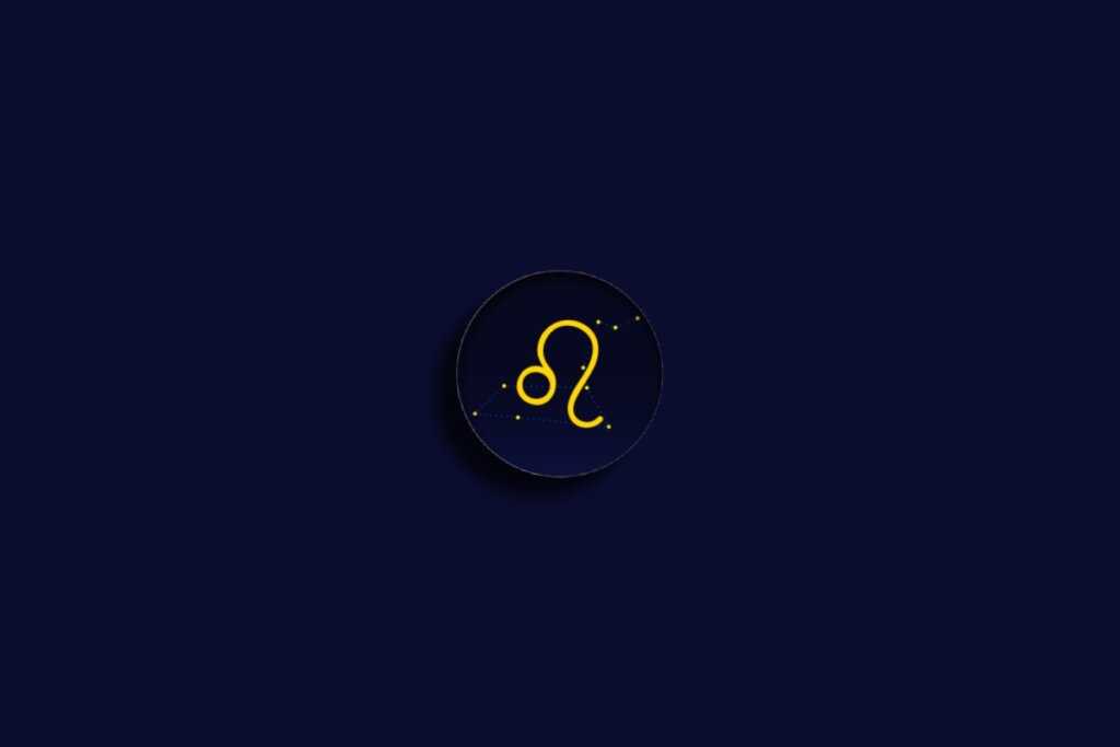 Ilustração do signo de leão em amarelo sobre um fundo azul-escuro