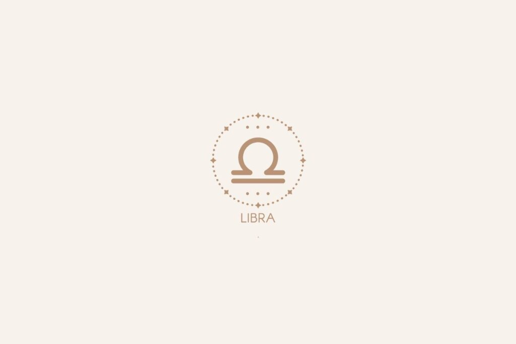 Símbolo do signo de Libra em tom bege, dentro de um círculo decorativo, com o nome escrito abaixo sobre fundo claro