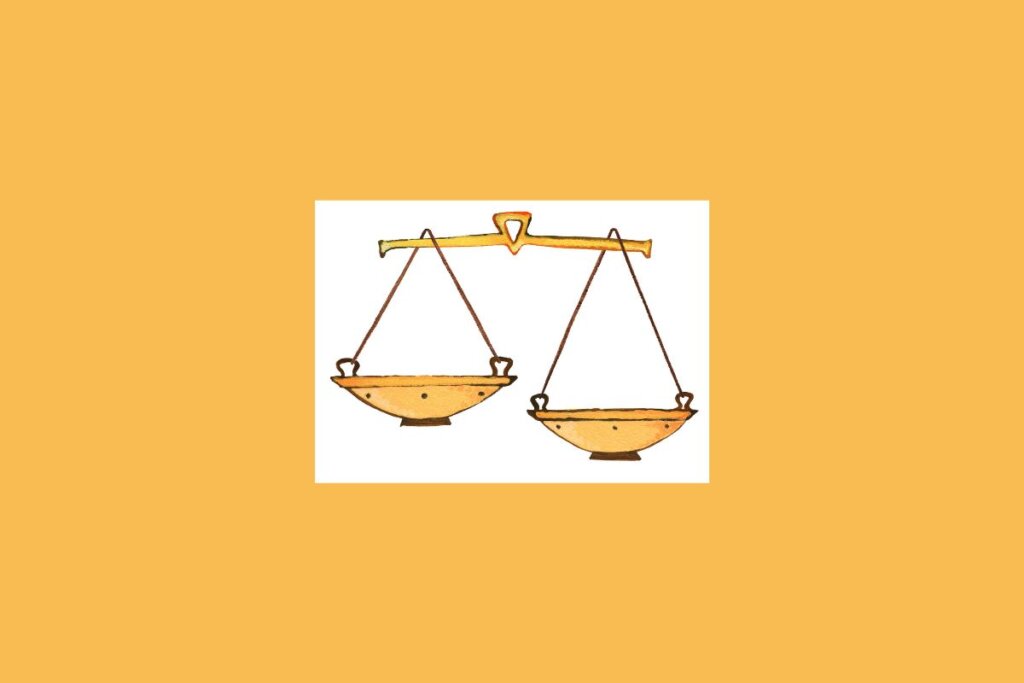 Uma ilustração simples de uma balança, representando o signo de Libra, sobre um fundo claro cercado por um tom alaranjado