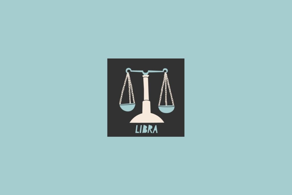 Ilustração do signo de Libra, com a figura de uma balança em fundo escuro e o nome “Libra” escrito abaixo, sobre fundo azul-claro