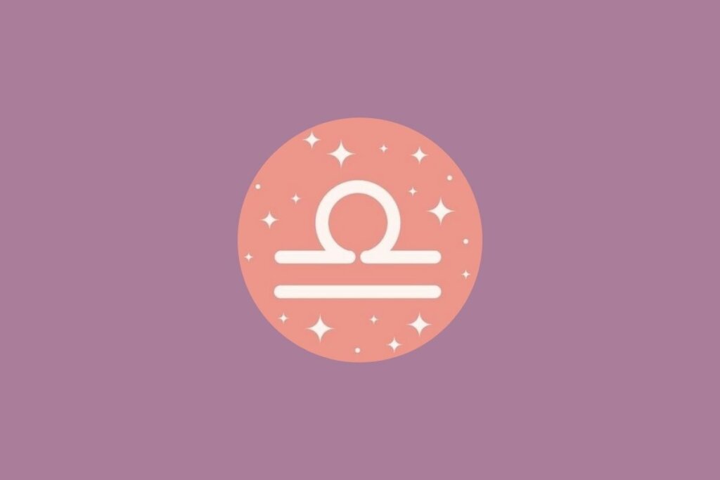 Ilustração do signo de libra em um círculo rosa com estrelas e em um fundo roxo