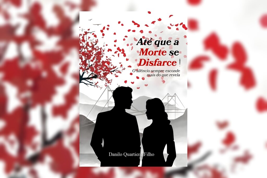 Capa de livro branca com título e nome do autor escrito em preto, vermelho e branco e imagem de cidade cinza ao fundo com ilustração de um casal em preto e uma árvore com folhas vermelhas ao lado 