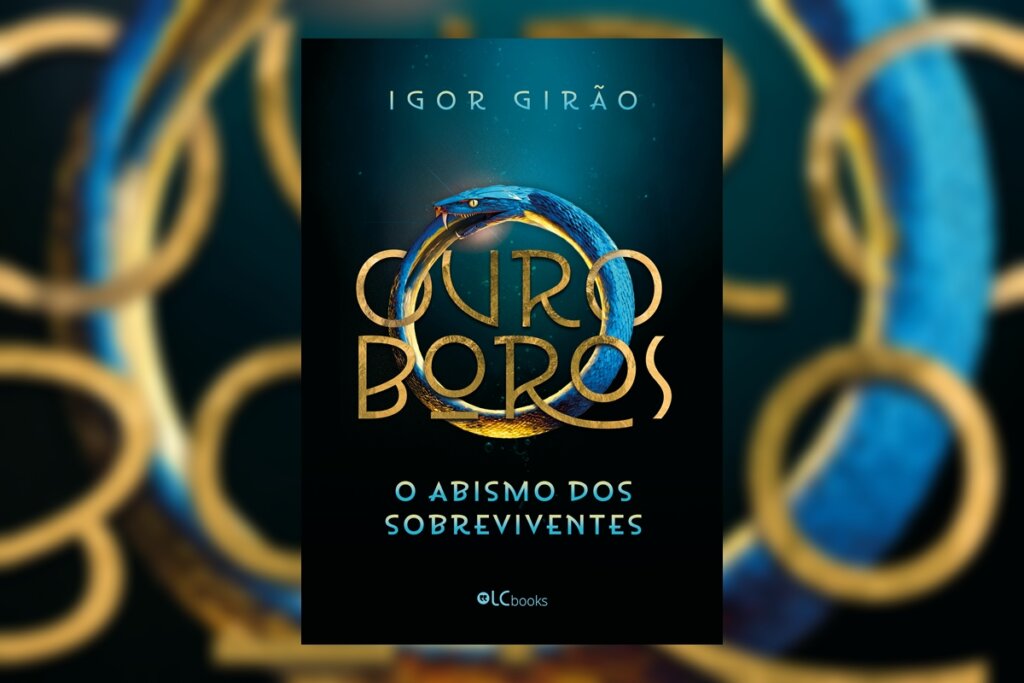 Capa de livro em tons de azul escuro com o título e nome do autor em tons de dourado e azul, com círculo formado por uma animal mordendo o rabo