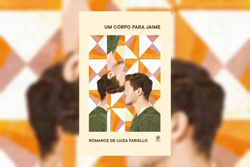 Capa de livro bege, com fundo com triângulos laranja e branco e ilustração de um homem cortado em três partes, com título e nome do autor escrito em preto