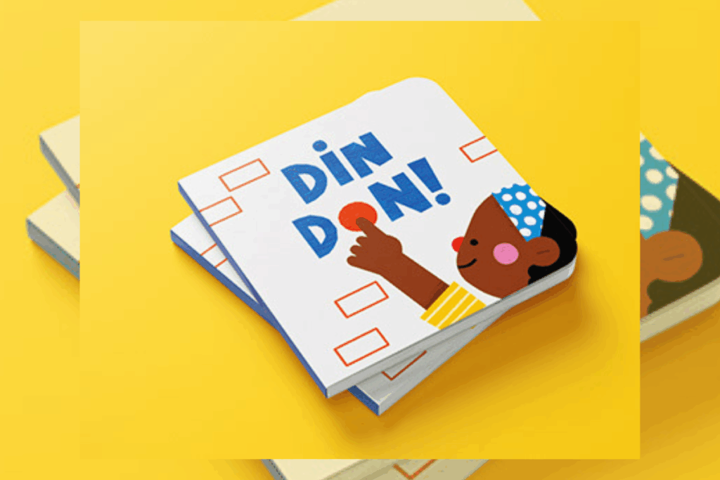 Capa de livro título em azul com ilustração de uma criança usando faixa azul com bolinhas brancas, camiseta amarela e tocando botão laranja. 