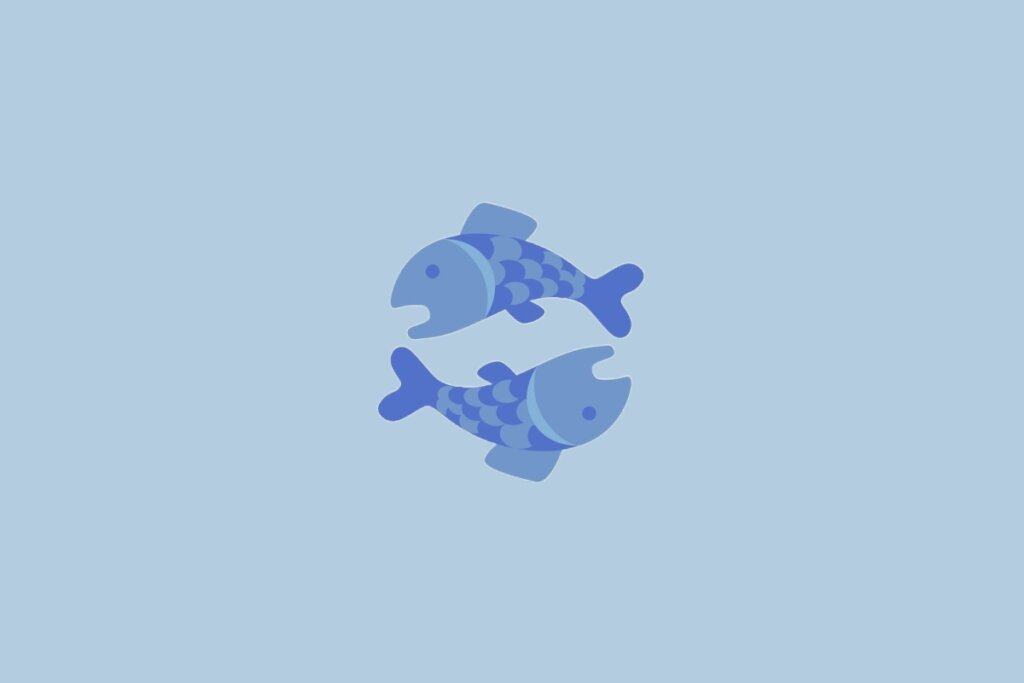 Ilustração do signo Peixes, com dois peixes em azul nadando em sentidos opostos, sobre fundo azul-claro