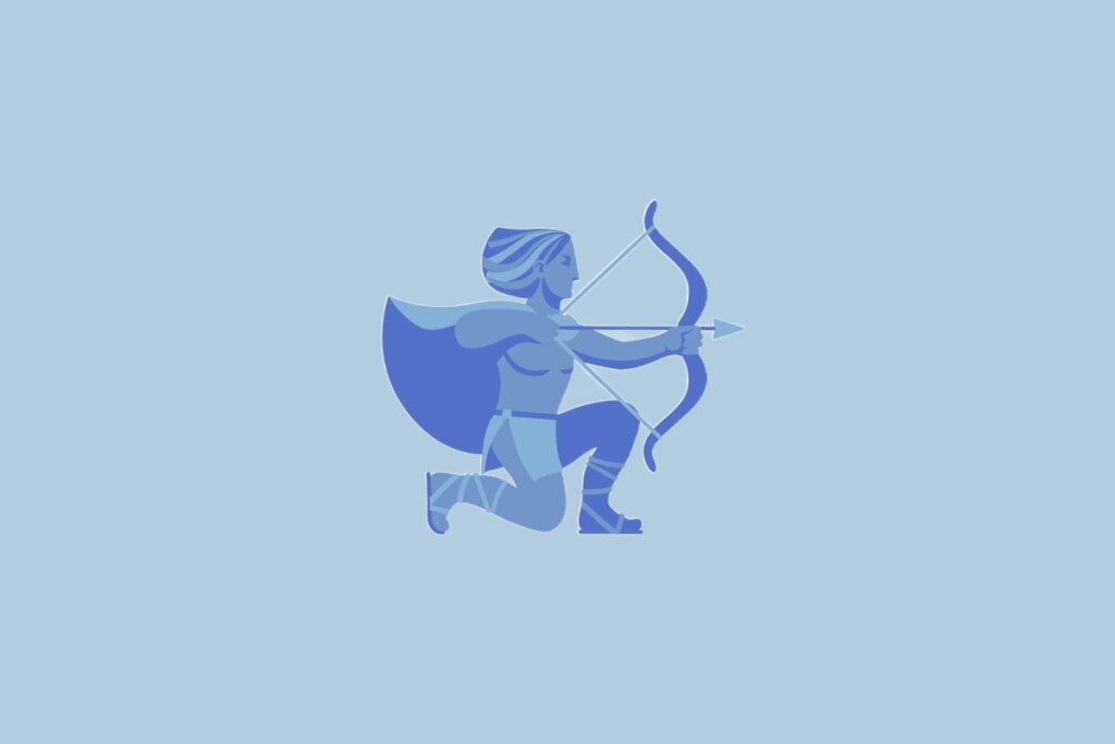 Ilustração do signo Sagitário, com um arqueiro azul posicionada para disparar uma flecha, sobre fundo azul-claro