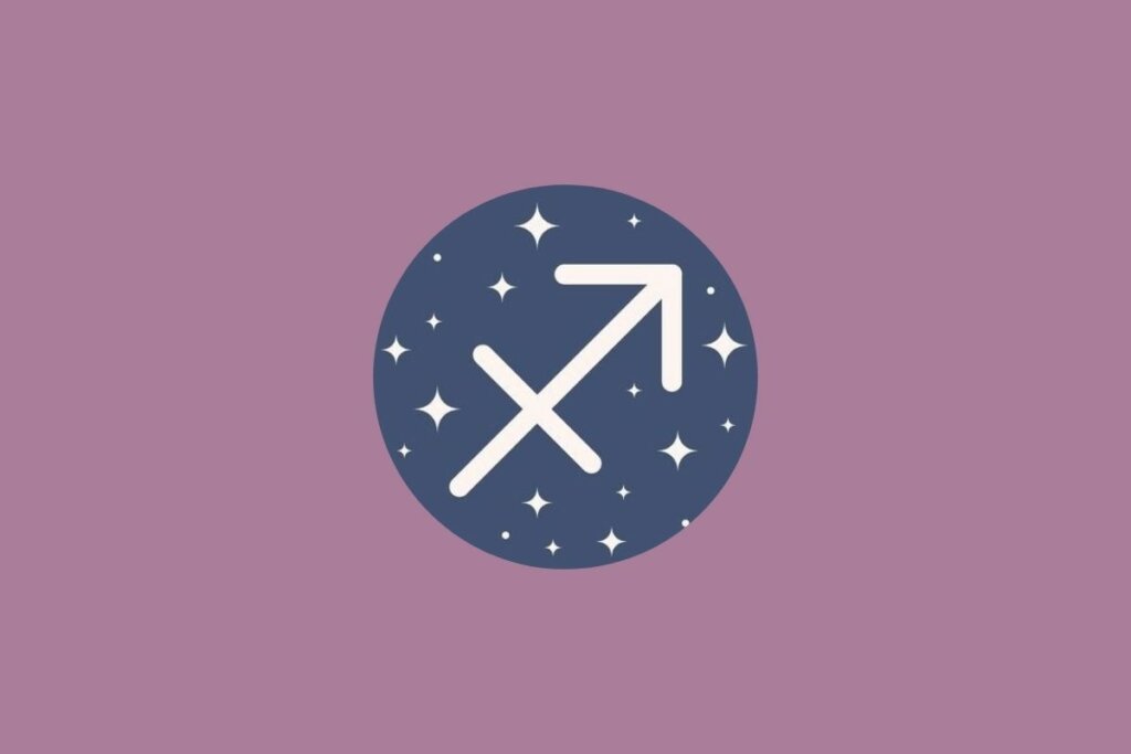 Ilustração do signo de sagitário em um círculo azul e em um fundo roxo
