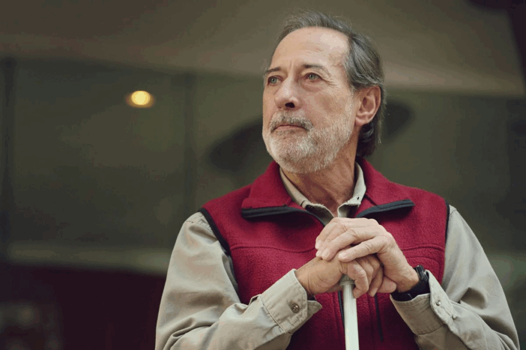 Homem idoso, com cabelo grisalho curto e barba grisalha usando camisa de manga longa cinza e colete vinho, segurando cabo de vassoura