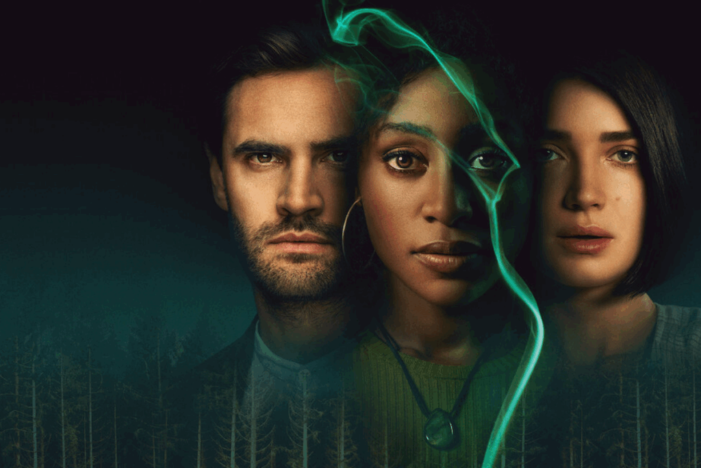 Imagem de três pessoas uma ao lado da outra duas mulheres e um nomem com uma fumaça verde no meio com floresta de fundo