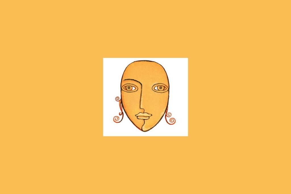 Uma ilustração simples de uma figura feminina simbólica, representando o signo de Virgem, sobre um fundo claro cercado por um tom alaranjado