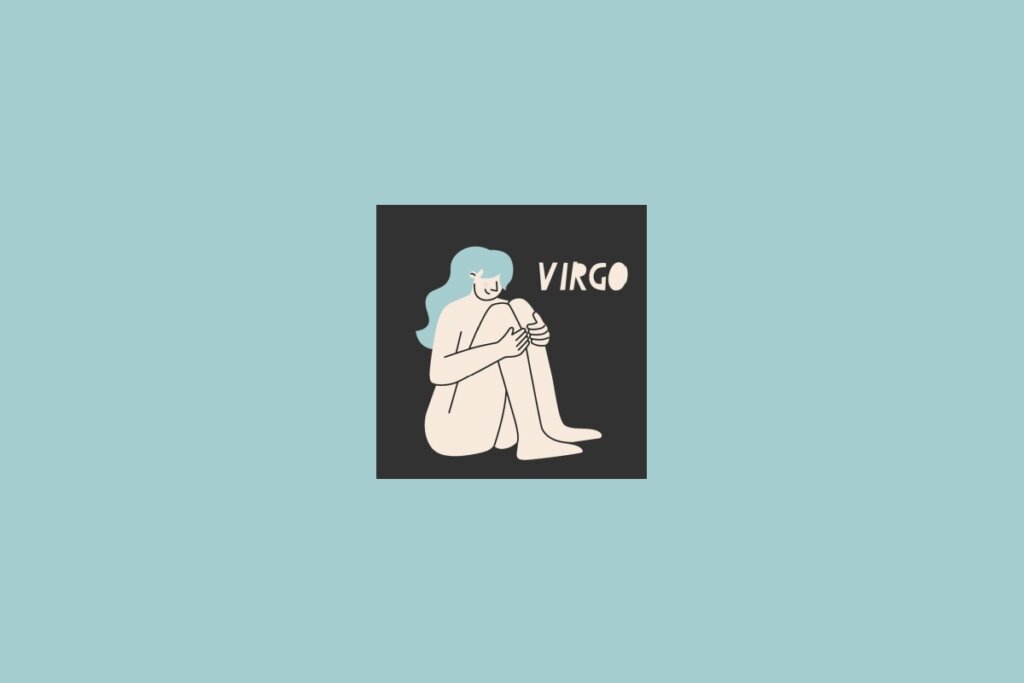 Ilustração do signo de Virgem, com uma mulher estilizada em fundo escuro e o nome “Virgo” escrito acima, sobre fundo azul-claro
