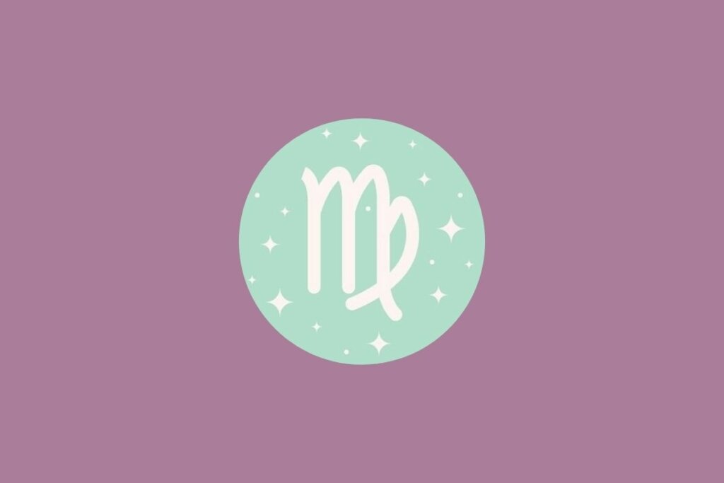 Ilustração do signo de virgem em um círculo verde com estrelas e em um fundo roxo