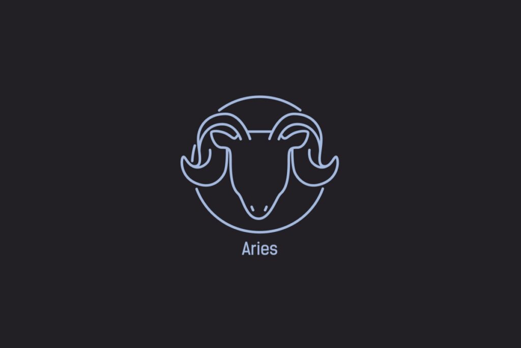 Ilustração do signo de Áries contendo o desenho de uma cabeça de carneiro com chifres, em um fundo azul-escuro
