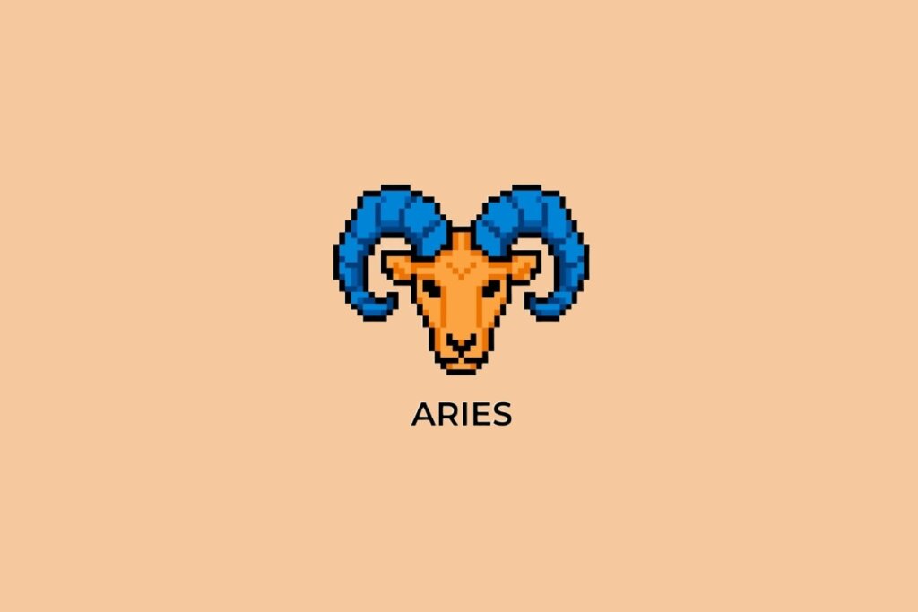 Ilustração do signo de Áries, em fundo alaranjado, contendo um carneiro em estilo pixel art com chifres azuis
